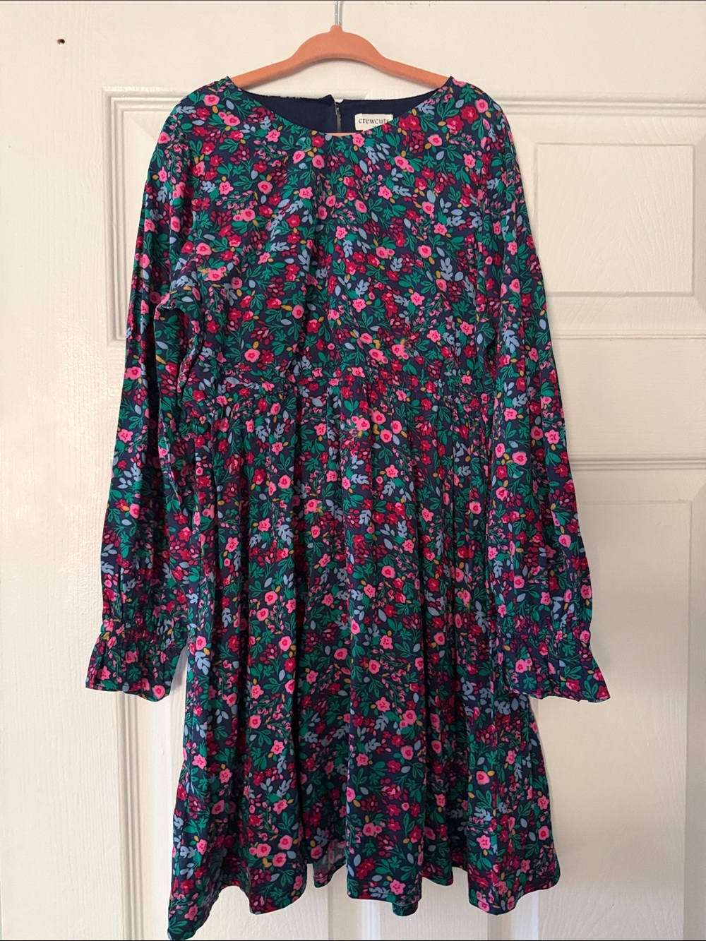 Crewcuts Navy Floral Long-Sleeve Gathered Dress with Pink & Green Blooms
